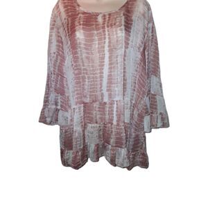 LOGO Lori Goldstein Women's Shirt  Sheer Bell Sleeve Ruffle Layer Pink White XL